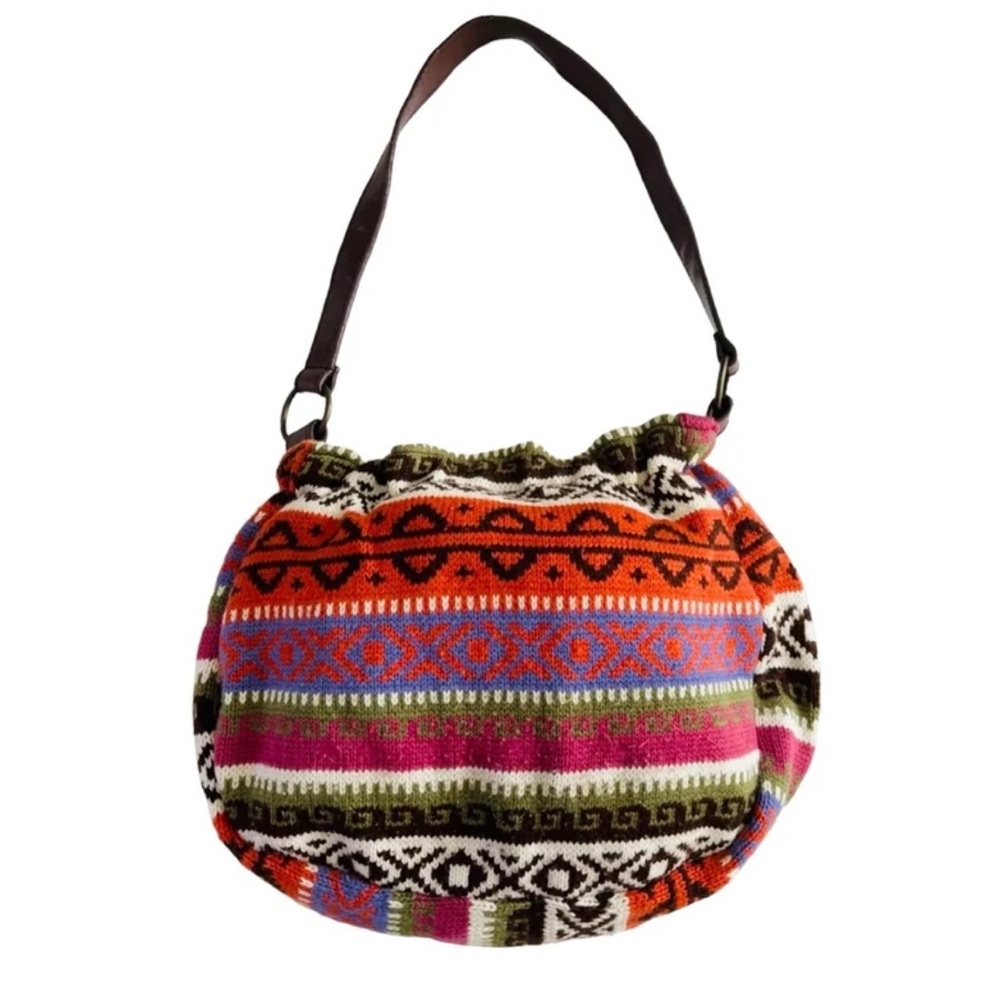 BOHO Colorful Knit Medium Shoulder Bag with Brown Tassels - Picture 3 of 12